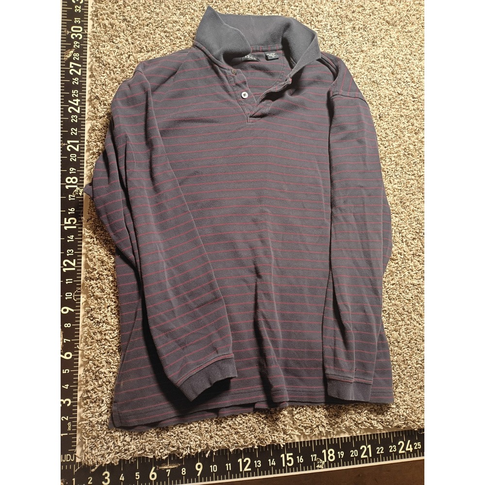 IZOD Mens Long Sleeve Polo Shirt XL Navy Blue Red Striped 100% Cotton Casual